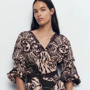 Zara Black and Beige Printed Wrap-Style Blouse